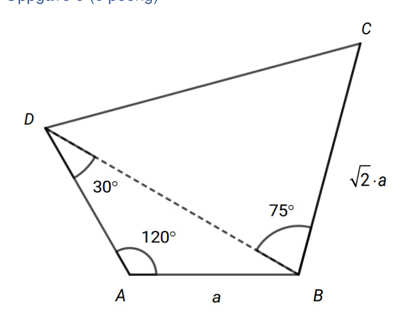 Firkant ABCD med vinkler 30°, 120°, 75° og sider a, \sqrt 2\cdot a