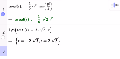 GeoGebra CAS: Løs(¼√2·r² = 3√2, r) gir r = 2√3