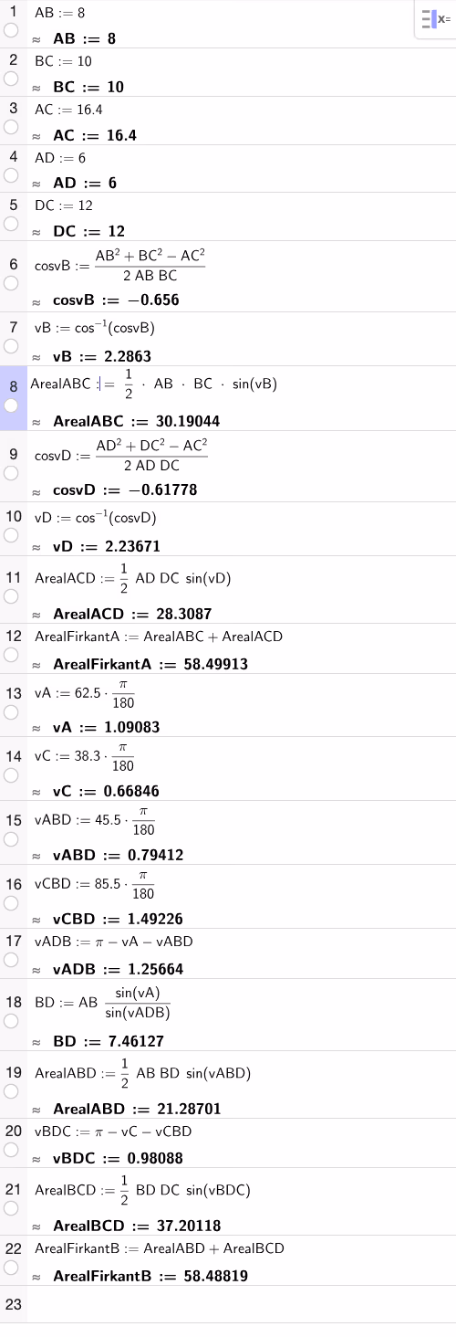 GeoGebra CAS-utregning for begge deloppgavene