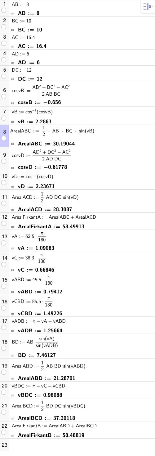 GeoGebra CAS-utregning for begge deloppgavene