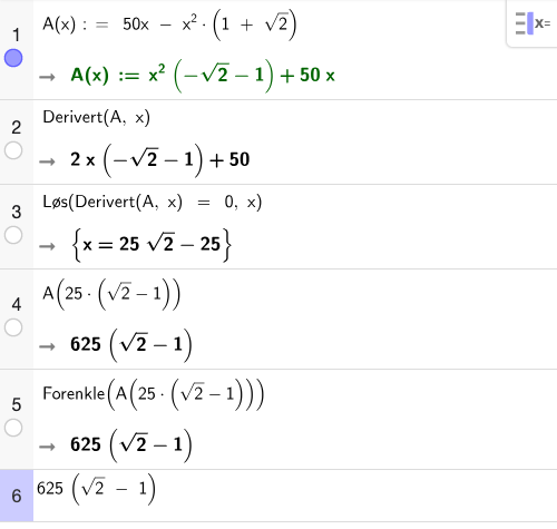 GeoGebra CAS: A(x), A'(x), løsning og maksimumsverdi
