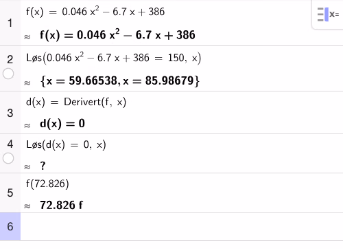 CAS-utregning: løsning av f(x)=150