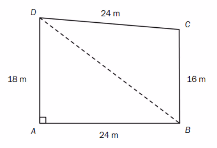 Firkant ABCD med AB = 24 m, BC = 16 m, CD = 24 m, DA = 18 m, rett vinkel i A og diagonalen BD stiplet