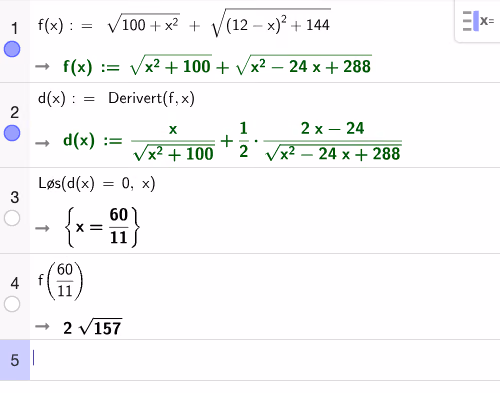 CAS: funksjon, derivert, løsning av f'(x)=0 og minimumsverdien