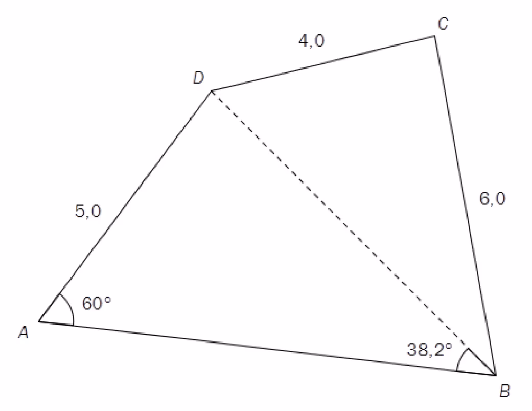 Firkant ABCD med AD = 5,0, DC = 4,0, BC = 6,0, vinkel A = 60° og vinkel 38,2° ved B. Diagonalen BD er stiplet