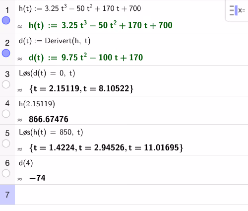 CAS-utregning: derivert, kritiske punkter, funksjonsverdi i toppunktet, løsning av h(t)=850 og h'(4)