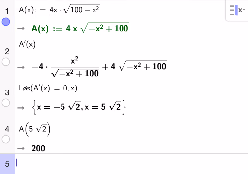 CAS-utregning: derivasjon av A(x) og løsning av A'(x)=0