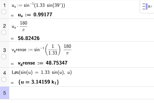 GeoGebra CAS-utregning for lysbrytning