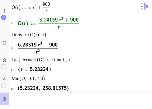 GeoGebra CAS: tabellverdier for h og O