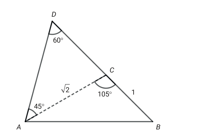Trekant ABD med diagonal AC, der vinkel A er 45 grader, vinkel D er 60 grader, vinkel ACB er 105 grader, AC er rot 2 og CB er 1