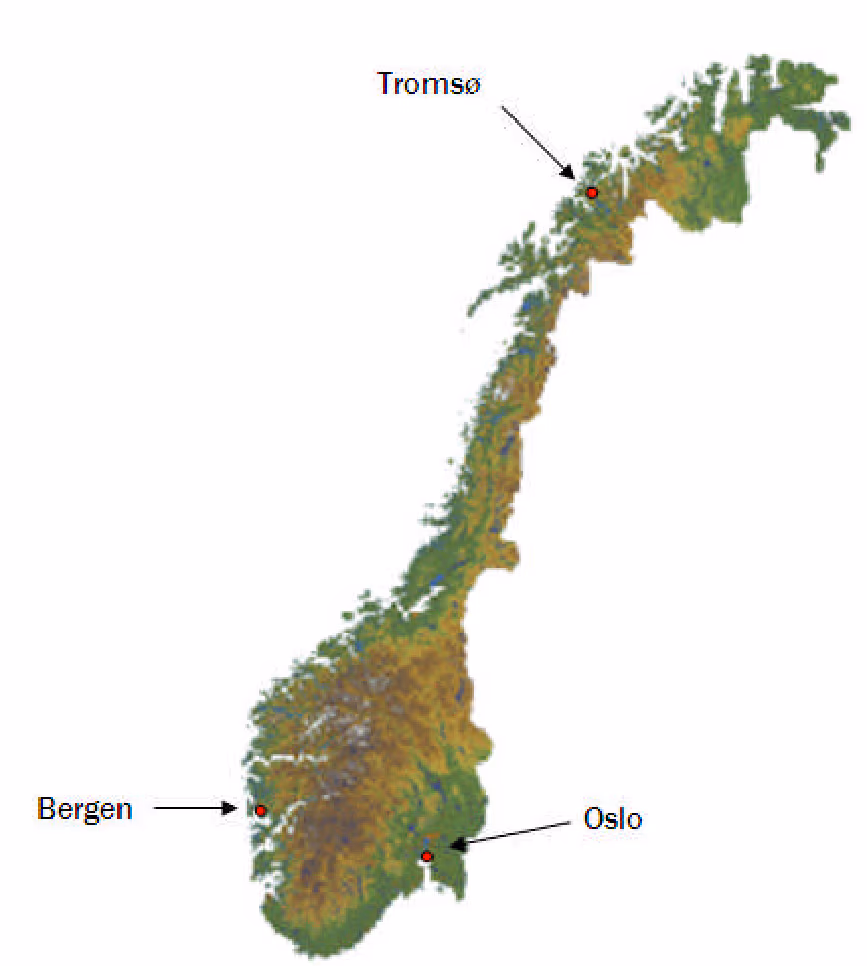 Kart over Norge med Oslo, Bergen og Tromsø markert