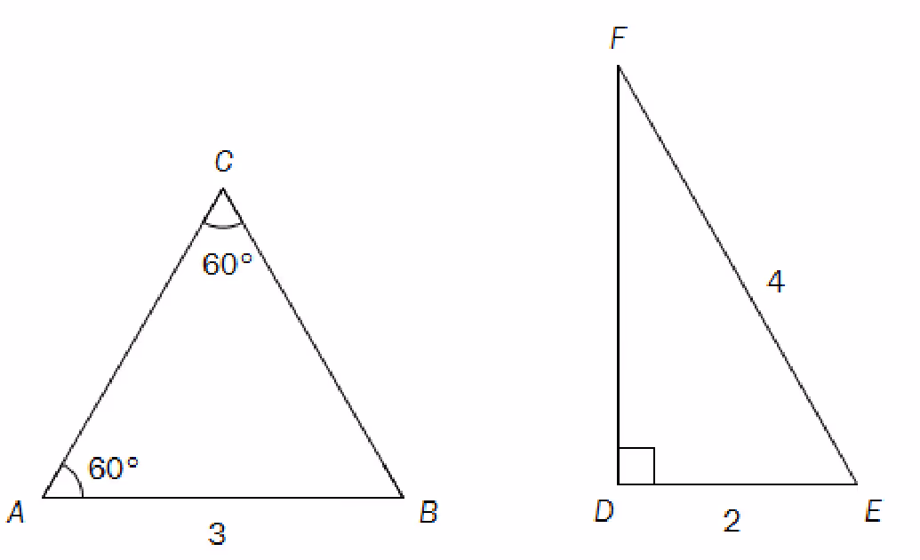 Likesidet trekant ABC med vinklene A og C lik 60° og AB = 3, og rettvinklet trekant DEF med rett vinkel i D, DE = 2 og EF = 4