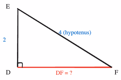 Rettvinklet trekant DEF med rett vinkel i D, katet DE = 2, hypotenus EF = 4 og ukjent katet DF