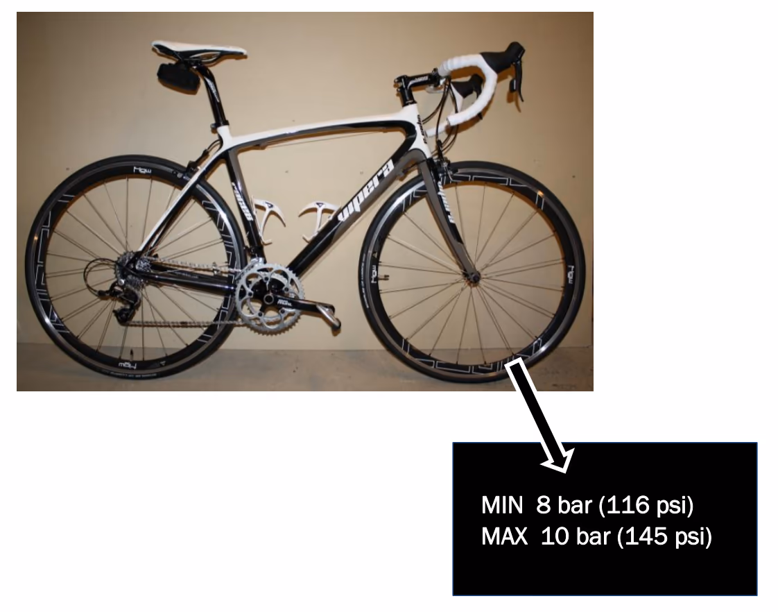 Racersykkel med lufttrykk MIN 8 bar (116 psi) og MAX 10 bar (145 psi)
