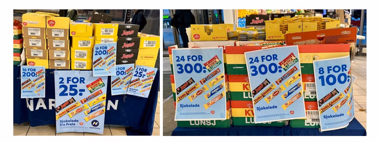To fotografier av sjokoladestabler i en kiosk med plakater som viser tilbudene: 2 for 25 kroner, 8 for 100 kroner, 16 for 200 kroner og 24 for 300 kroner.