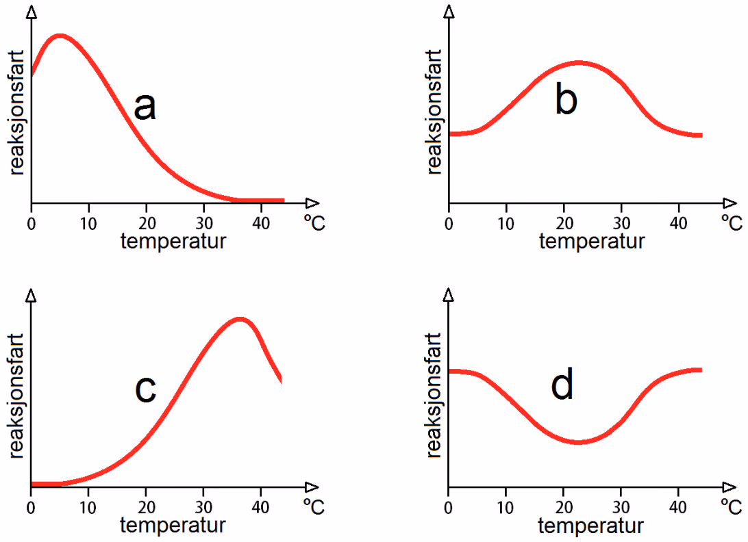 Fire kurver a, b, c og d for reaksjonsfart som funksjon av temperatur