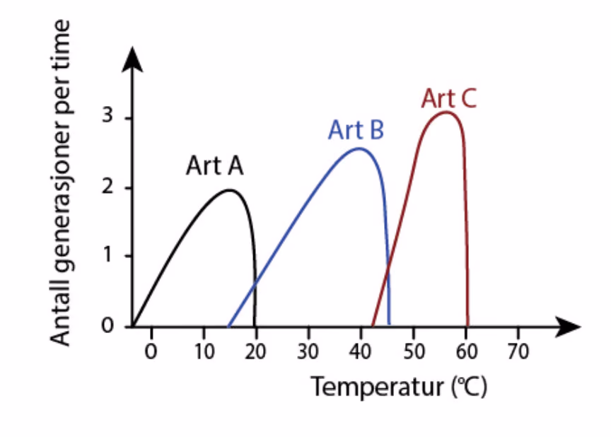 Antall generasjoner per time som funksjon av temperatur (°C) for art A, art B og art C