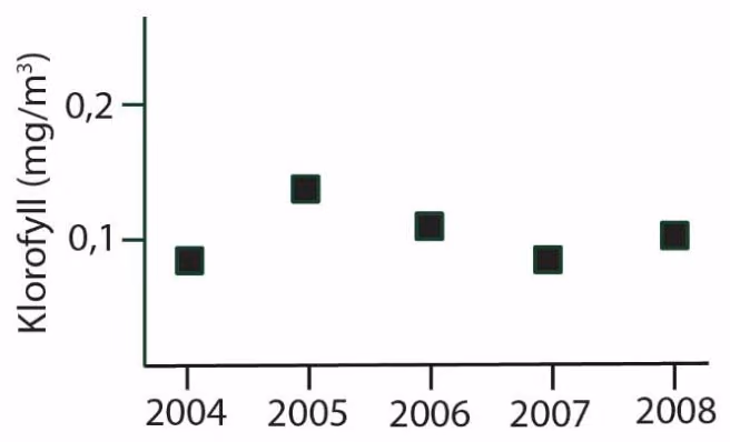 Konsentrasjonen av klorofyll i perioden 2004–2008.