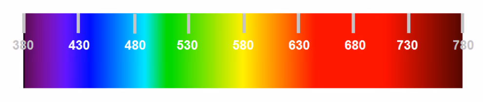 Spekteret for synlig lys fra 380 nm (fiolett) til 780 nm (dyprødt), med merker ved 430, 480, 530, 580, 630, 680 og 730 nm