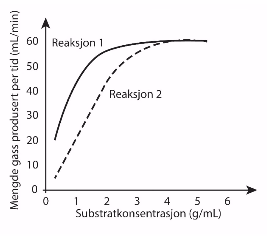 Mengde gass produsert per tid (mL/min) som funksjon av substratkonsentrasjon (g/mL) for Reaksjon 1 og Reaksjon 2