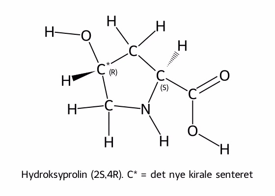 Hydroksyprolin. Det nye kirale senteret er merket med stjerne