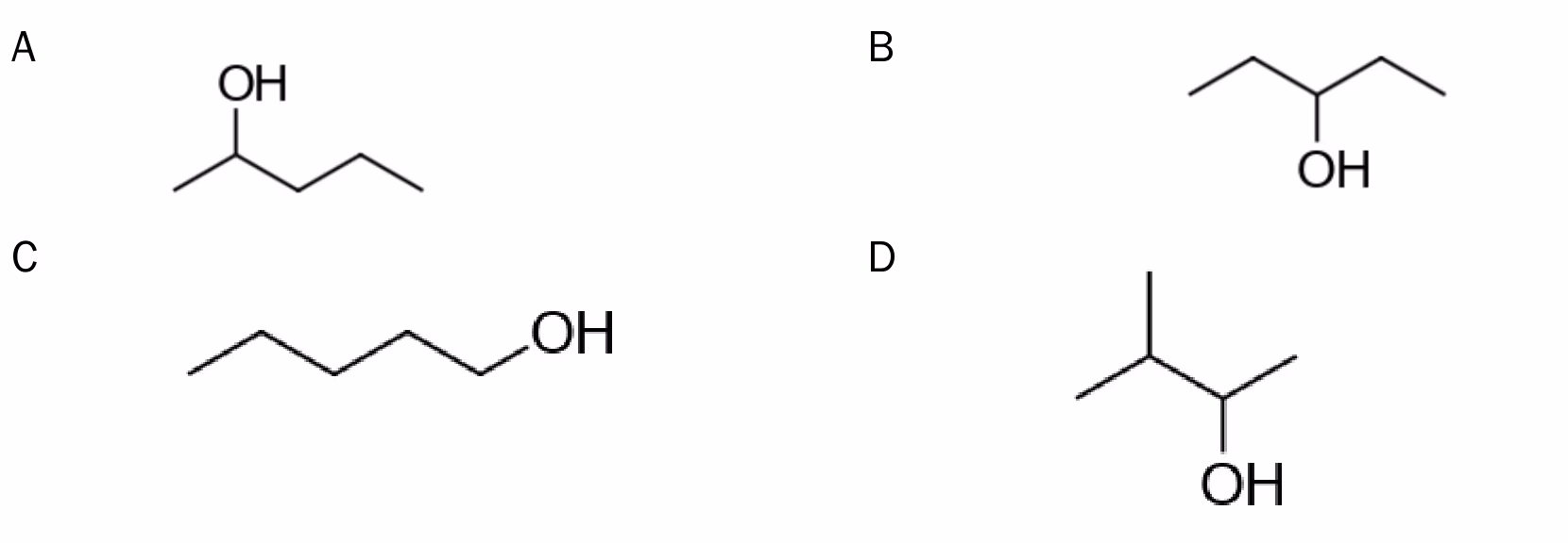 Skjelettformler for fire alkoholer: A pentan-2-ol, B pentan-3-ol, C pentan-1-ol og D 3-metylbutan-2-ol