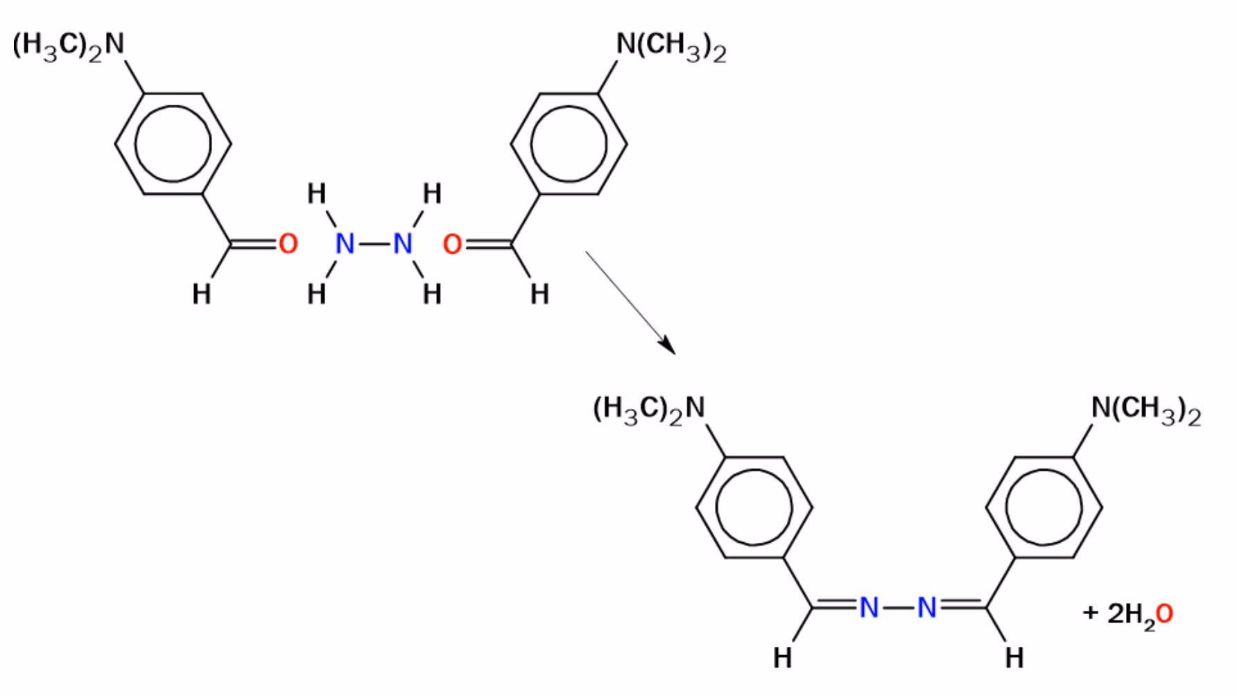 Hydrazin reagerer med to molekyler para-dimetylaminobenzaldehyd og gir et azin og 2 H2O