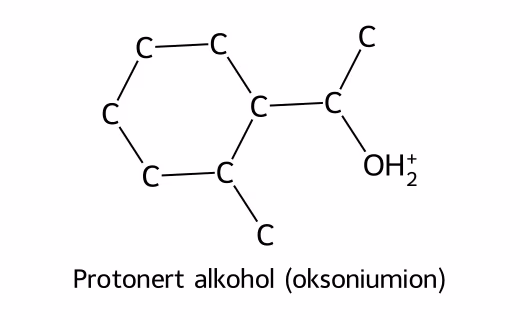 Protonert alkohol. O-atomet har nå positiv ladning.