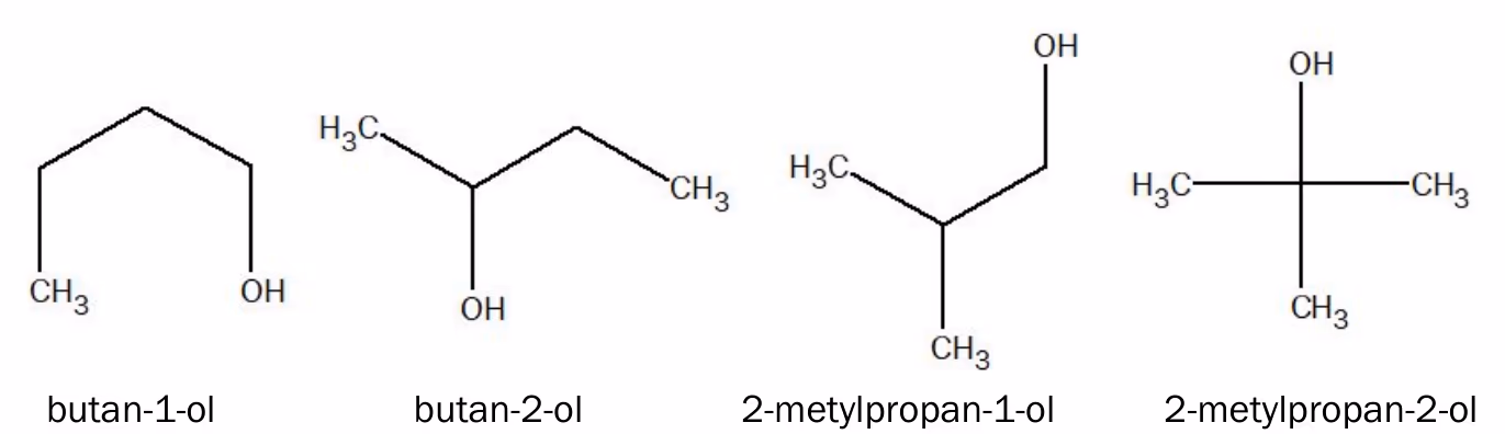 Strukturformler for butan-1-ol, butan-2-ol, 2-metylpropan-1-ol og 2-metylpropan-2-ol