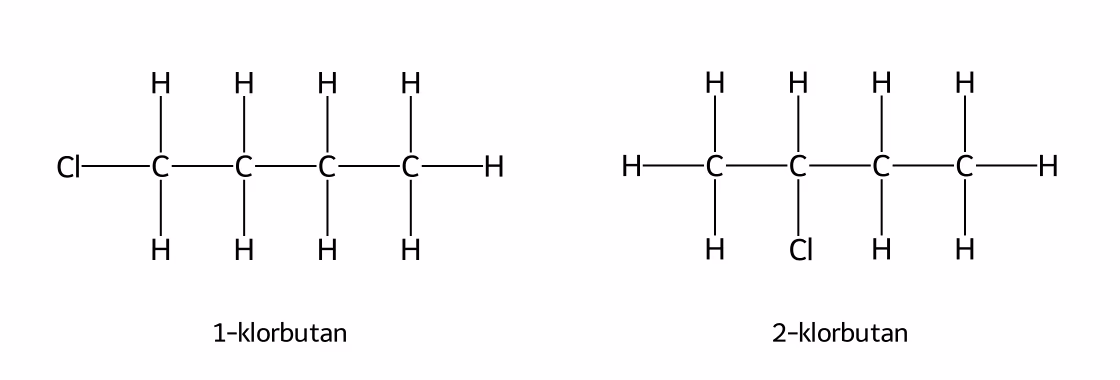 Strukturformler for 1-klorbutan og 2-klorbutan