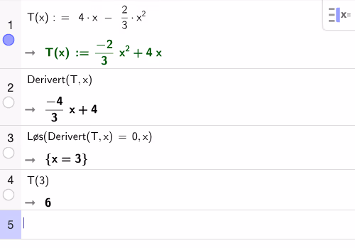 Derivasjon og maksimering av T(x) i GeoGebra CAS