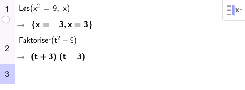 Kontroll av t^2=9 i GeoGebra CAS