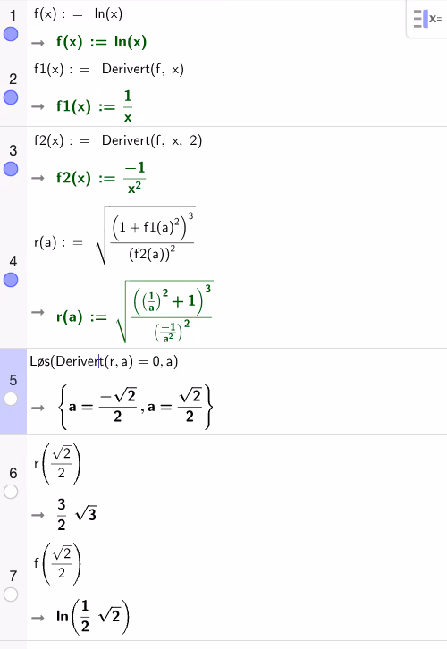 CAS: krumningsradius til f(x)=ln(x)