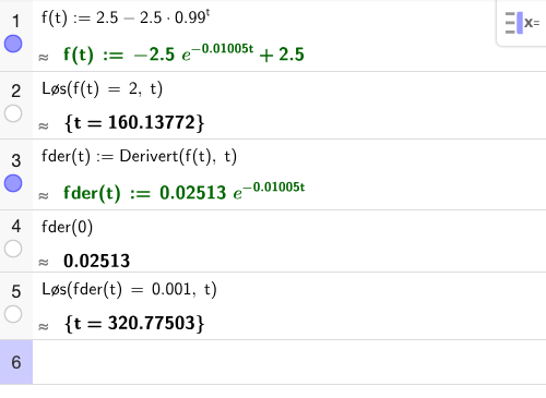 GeoGebra CAS: definisjon av f, løsning av b) og c)