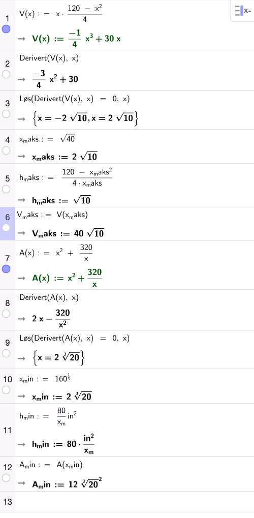 GeoGebra CAS – optimering av kasse uten lokk