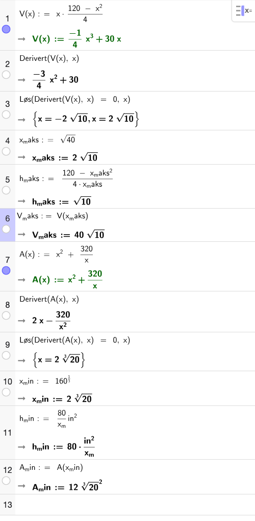 GeoGebra CAS – optimering av kasse uten lokk