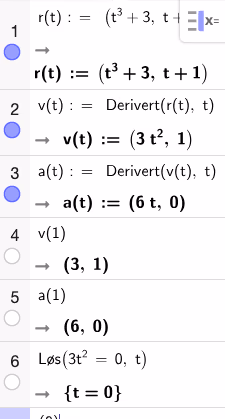 CAS-utregning av fartsvektor og akselerasjonsvektor, samt løsning av likningen 3t²=0