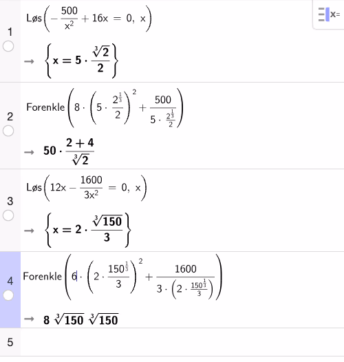 Løsning av O'(x)=0 og forenkling av minste overflate, del c og d