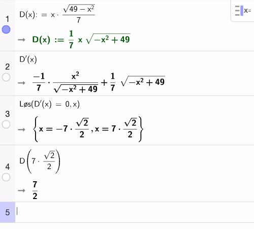 CAS-utregning av D'(x), løsning av D'(x)=0 og D ved maksimum
