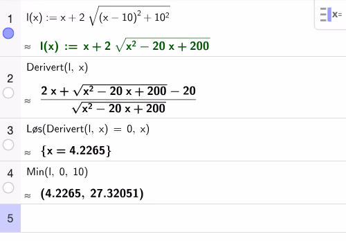 CAS-utregning av g(x), g'(x), nullpunkt og minimum
