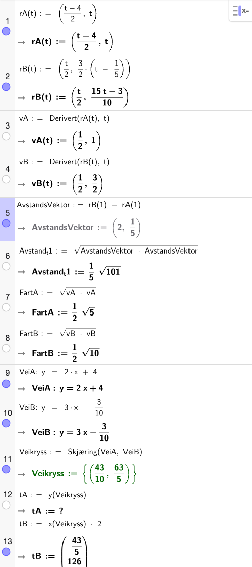 GeoGebra CAS – To biler på kryss og motorvei