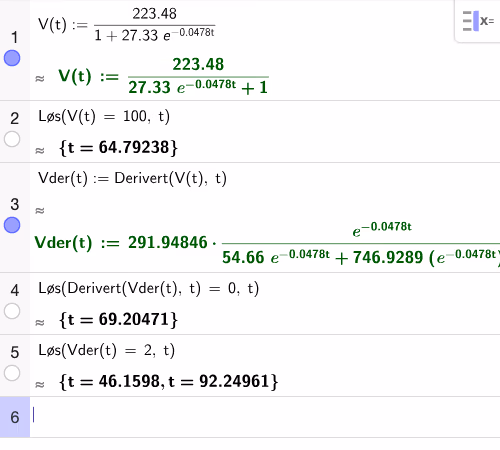 GeoGebra CAS – logistisk modell for raketthastighet