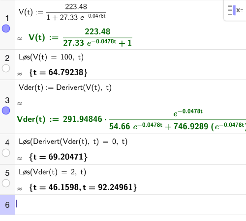 GeoGebra CAS – logistisk modell for raketthastighet