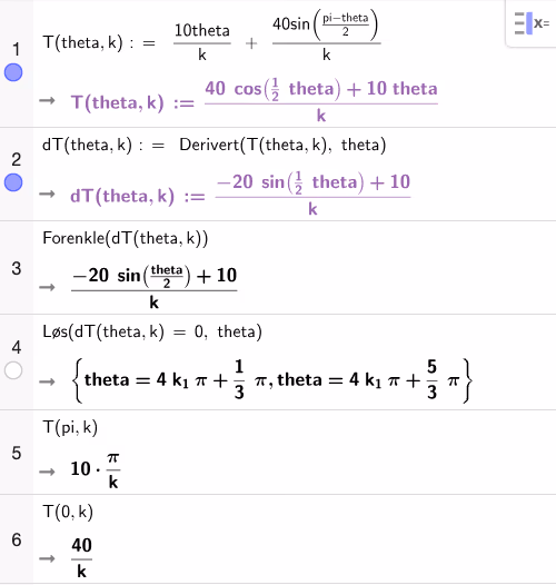 CAS-utregning: T, T′ og løsning av T′(θ)=0