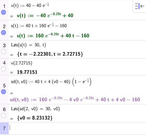 GeoGebra CAS: løsning av differensiallikning, tid og fart ved bakken, samt startfart i d