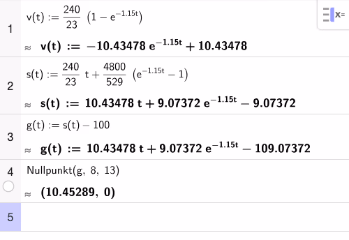 GeoGebra CAS: v(t), s(t) og numerisk løsning av s(t)=100
