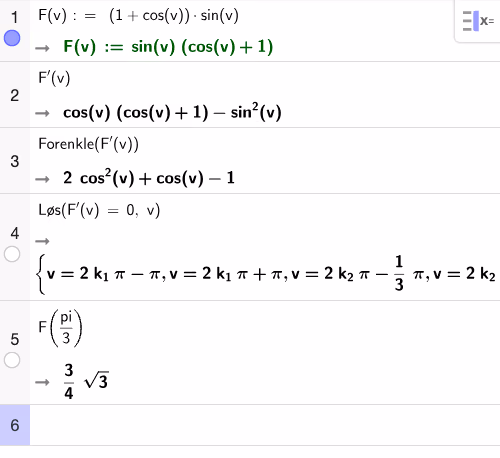 CAS-utregning av F'(v), likningsløsning og F(π/3)
