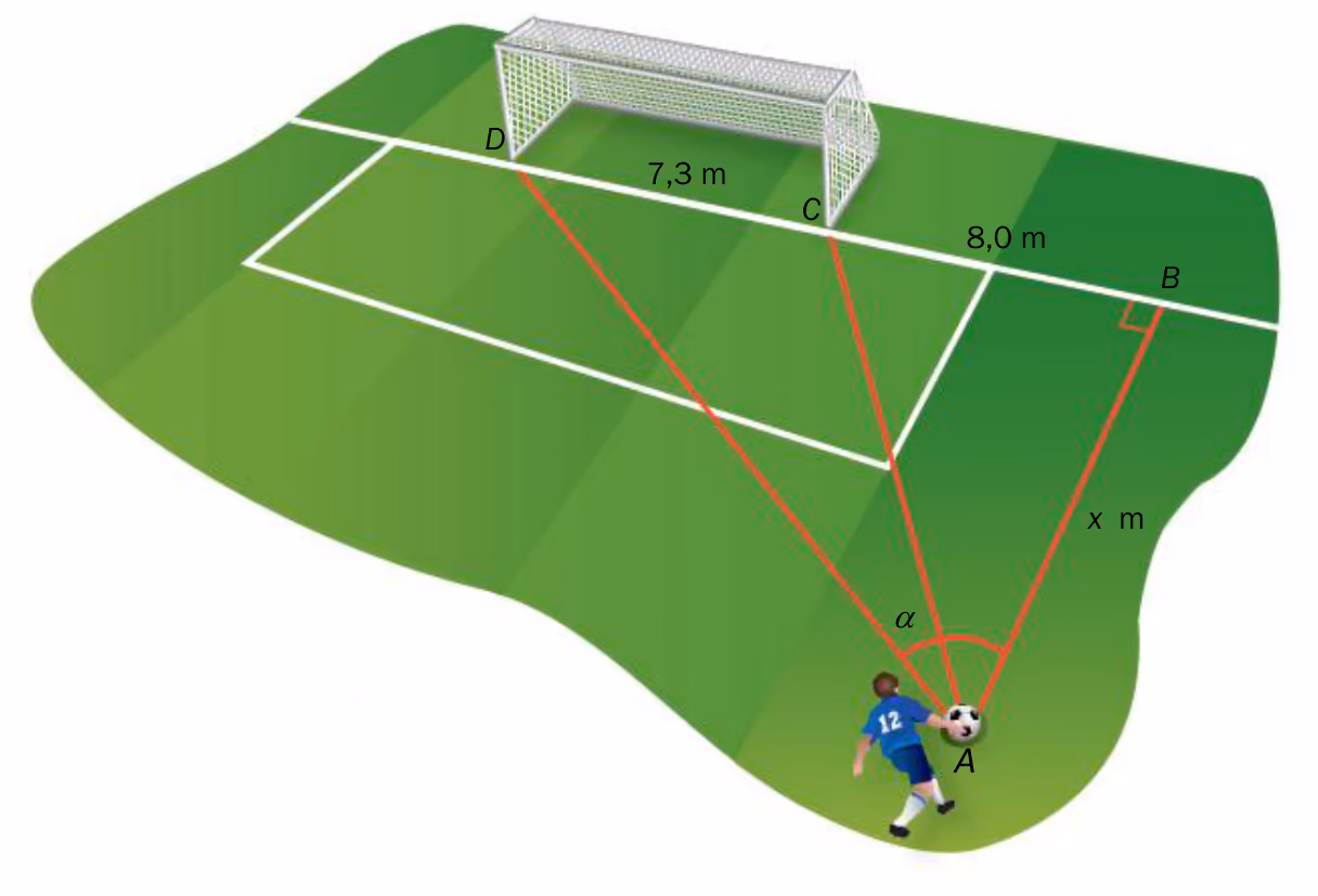 Fotballbane med mål og spiller som løper langs linje AB
