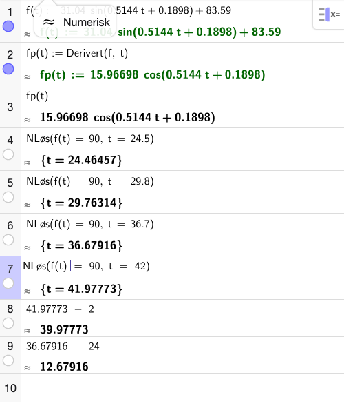 GeoGebra CAS: f(t)=90 og derivert