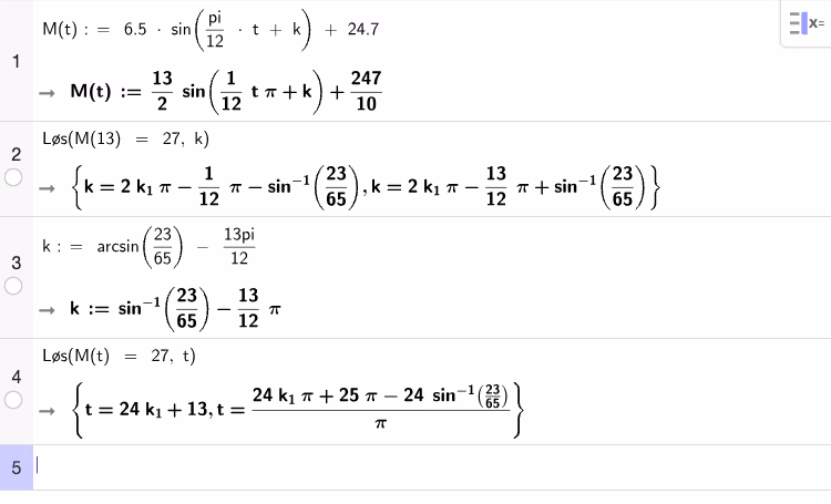 GeoGebra CAS – løsning for k og andre tidspunkt